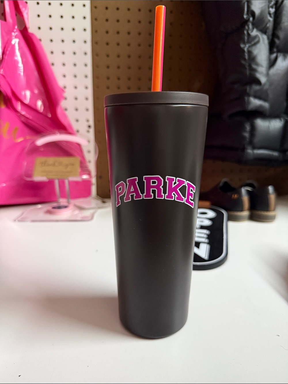 PARKER Brown Insulated Tumbler with Pink Logo and Orange Straw DUNKIN’ edition